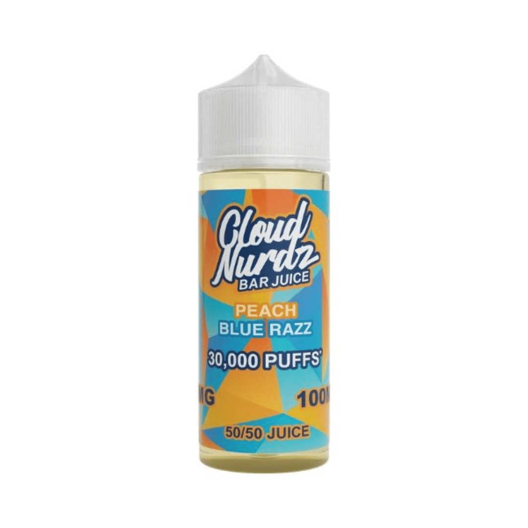 Cloud Nurdz Bar Juice bottle, Peach Blue Razz flavour, 100ml shortfill, 30,000 puffs label.