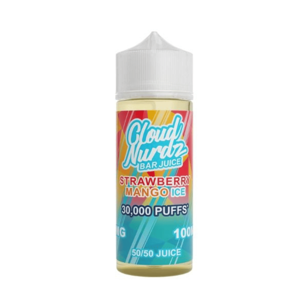 Cloud Nurdz Bar Juice 100ml bottle, Strawberry Mango Ice flavor, colorful label design.