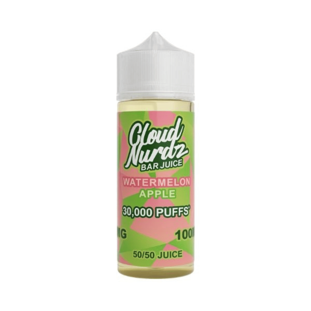 Cloud Nurdz Bar Juice 100ml bottle, Watermelon Apple flavour, 30,000 puffs label.