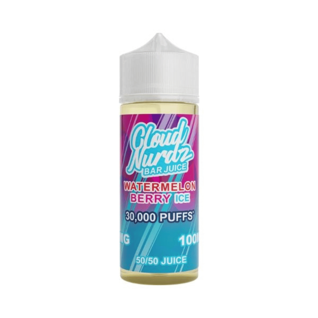 Cloud Nurdz Bar Juice 100ml bottle, Watermelon Berry Ice flavour, with vibrant pink and blue label.