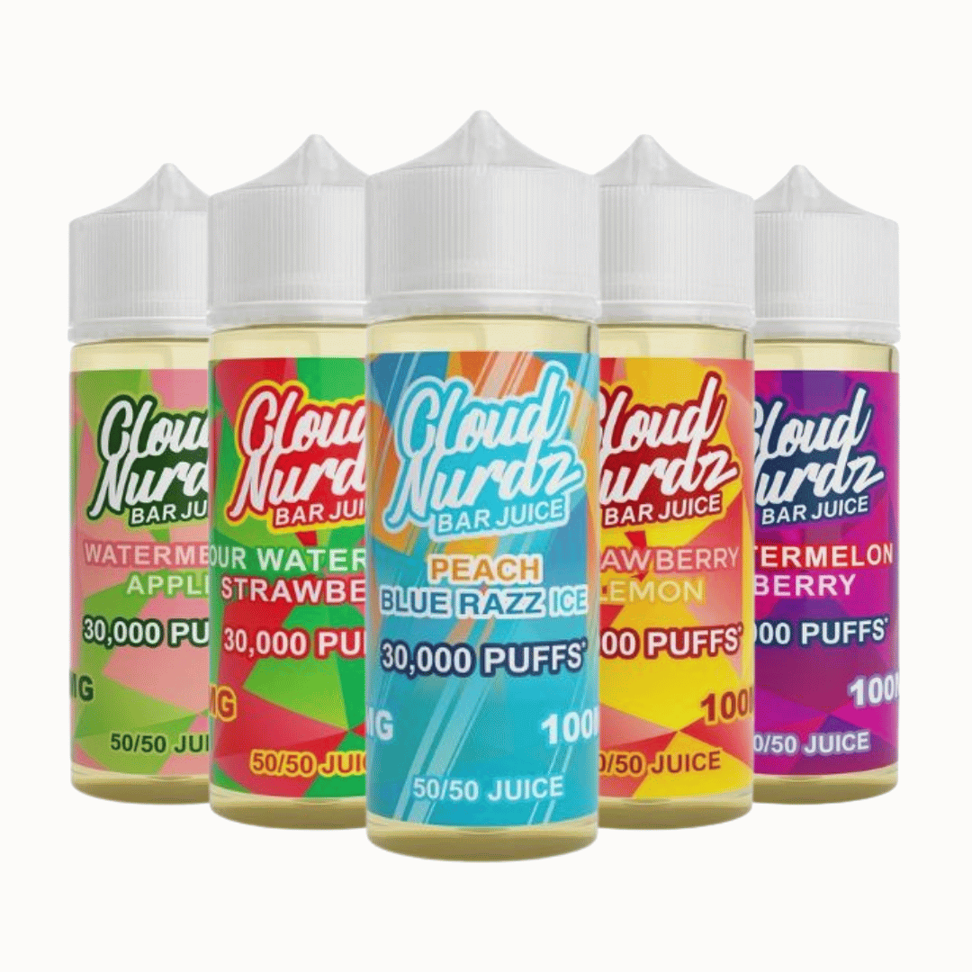 Five Cloud Nurdz Bar Juice bottles in various fruity flavours, including Peach Blue Razz and Watermelon Berry.