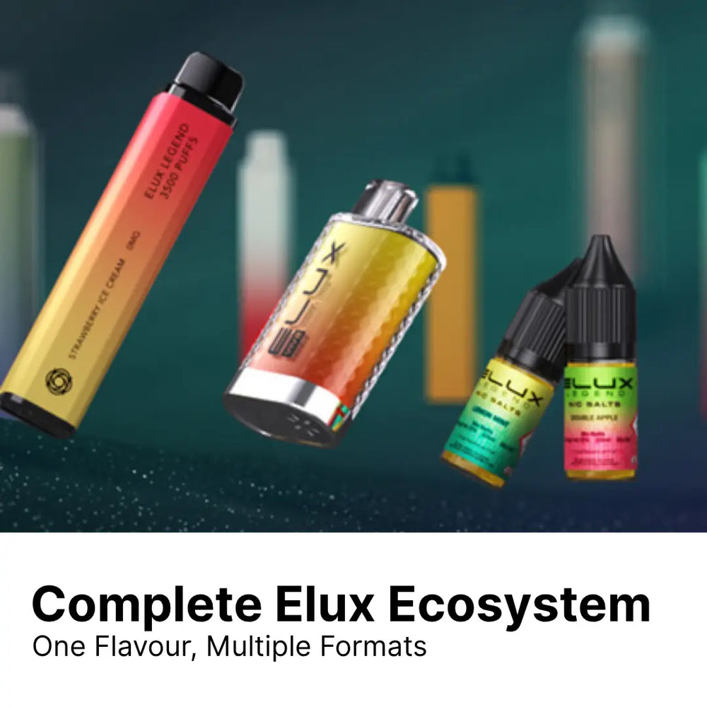 Complete Elux vape ecosystem showing Elux Legend prefilled kit, refillable pod device, and two Elux nic salt bottles demonstrating one flavour across multiple vaping formats