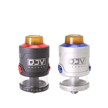 Two DJV DEJAVU RDTA V2 tanks in red and blue with adjustable airflow valves.