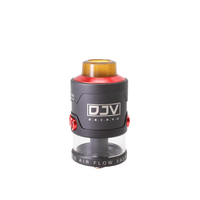 DJV RDTA V2 in black with a gold drip tip and adjustable airflow valve, branded logo visible.