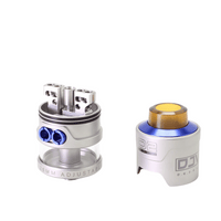 DJV RDTA V2 in silver, open view showing build deck and cap, with blue accents.