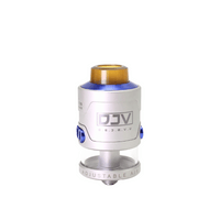 DJV RDTA V2 in silver with adjustable airflow and gold drip tip, by DEJAVU.