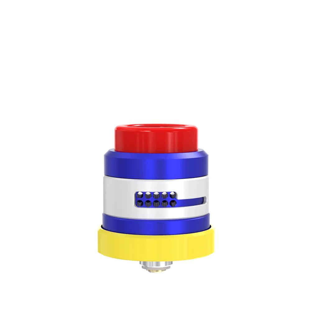 Damn Vape Nitrous RDA special edition, dual cap in vibrant red, blue, and yellow colours.