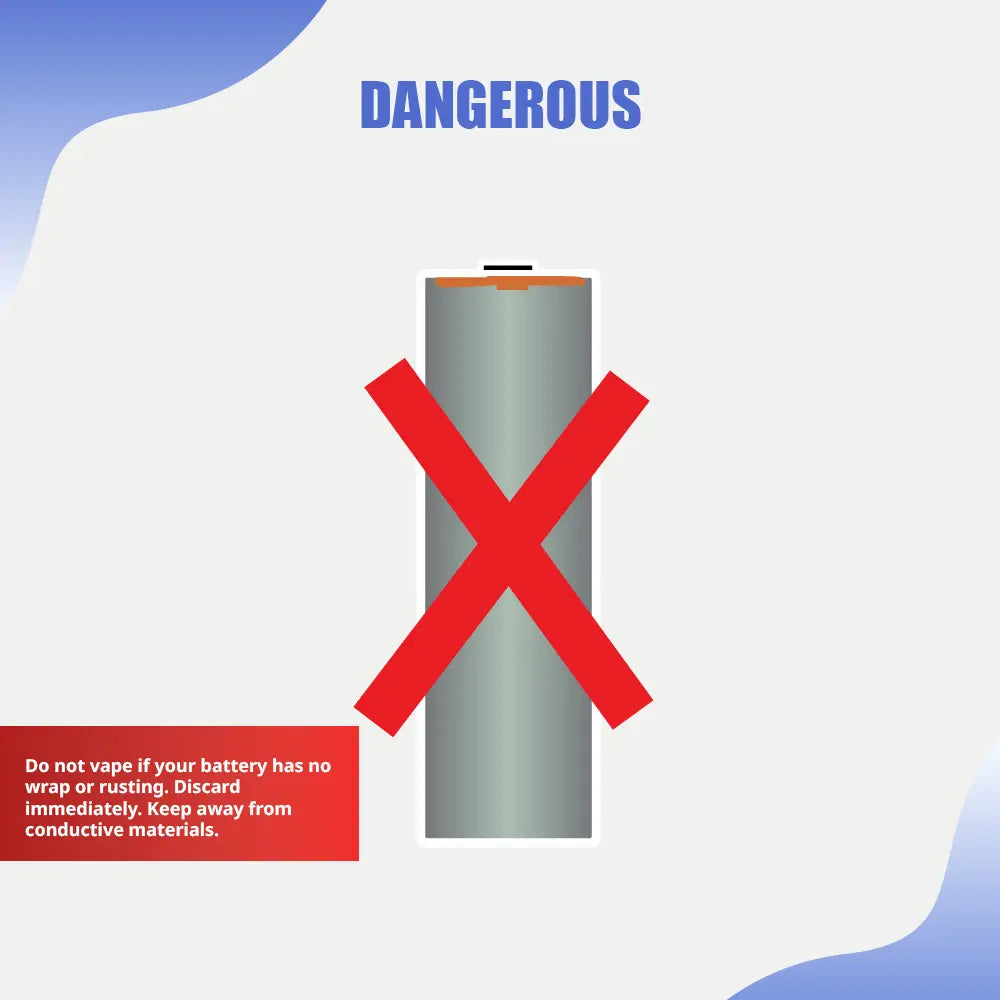 Dangerous vape battery safety warning showing unwrapped grey battery with rust and corrosion, red X symbol, and text "Do not vape if your battery has no wrap or rusting. Discard immediately. Keep away from conductive materials."