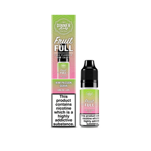 Dinner Lady Fruit Full Kiwi Passion Guava e-liquid bottle and box with nicotine warning.