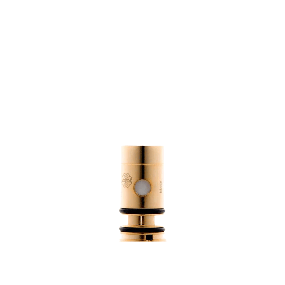 Dotmod Dotcoil replacement coil, gold, 0.15 ohms, standing upright on a white background.