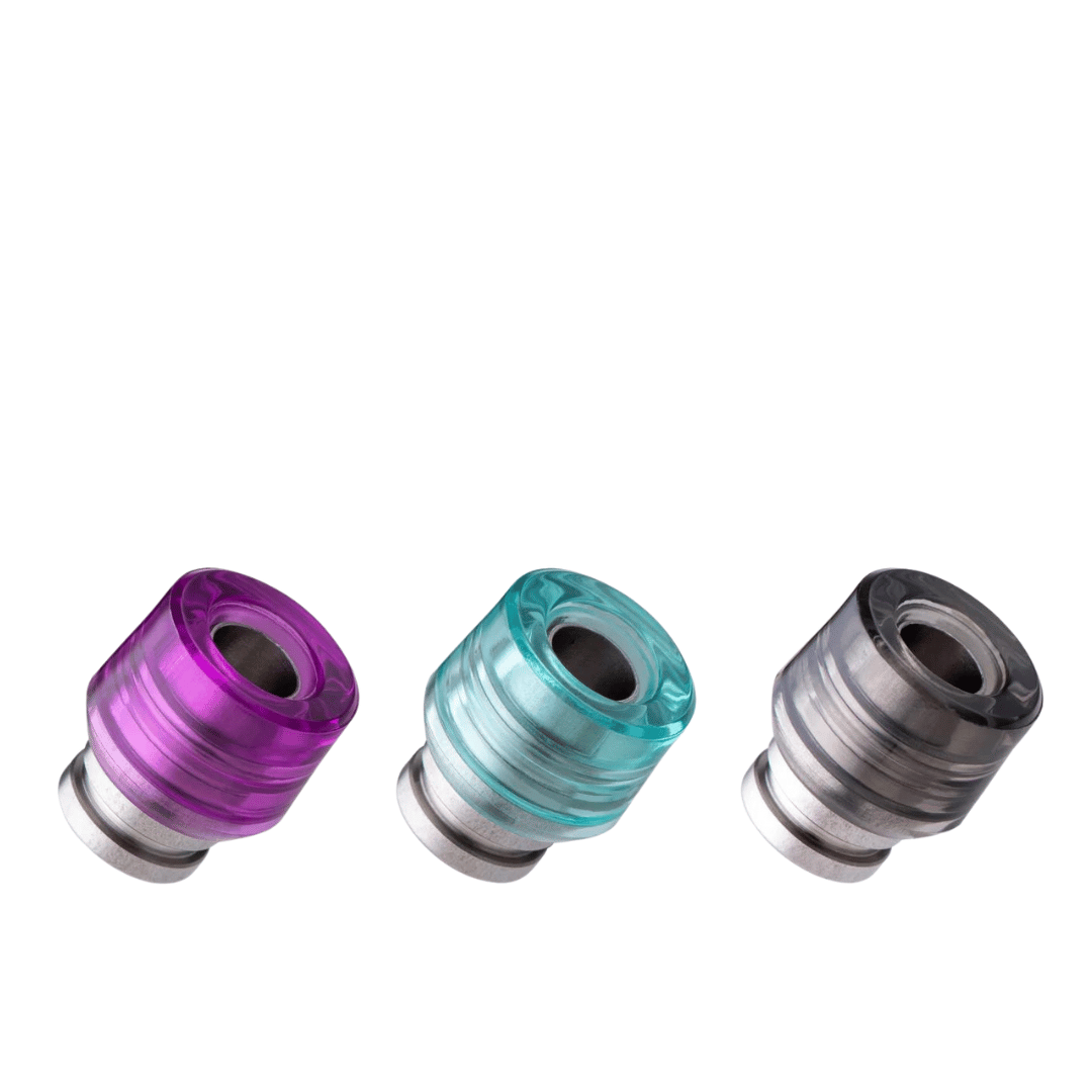 Three Dotmod Dottip drip tips in purple, teal, and grey on a white background.