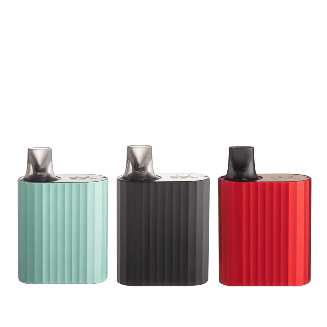 Three Dotmod Switch Nano Pod Kits in mint, black, and red, with sleek, ribbed designs.