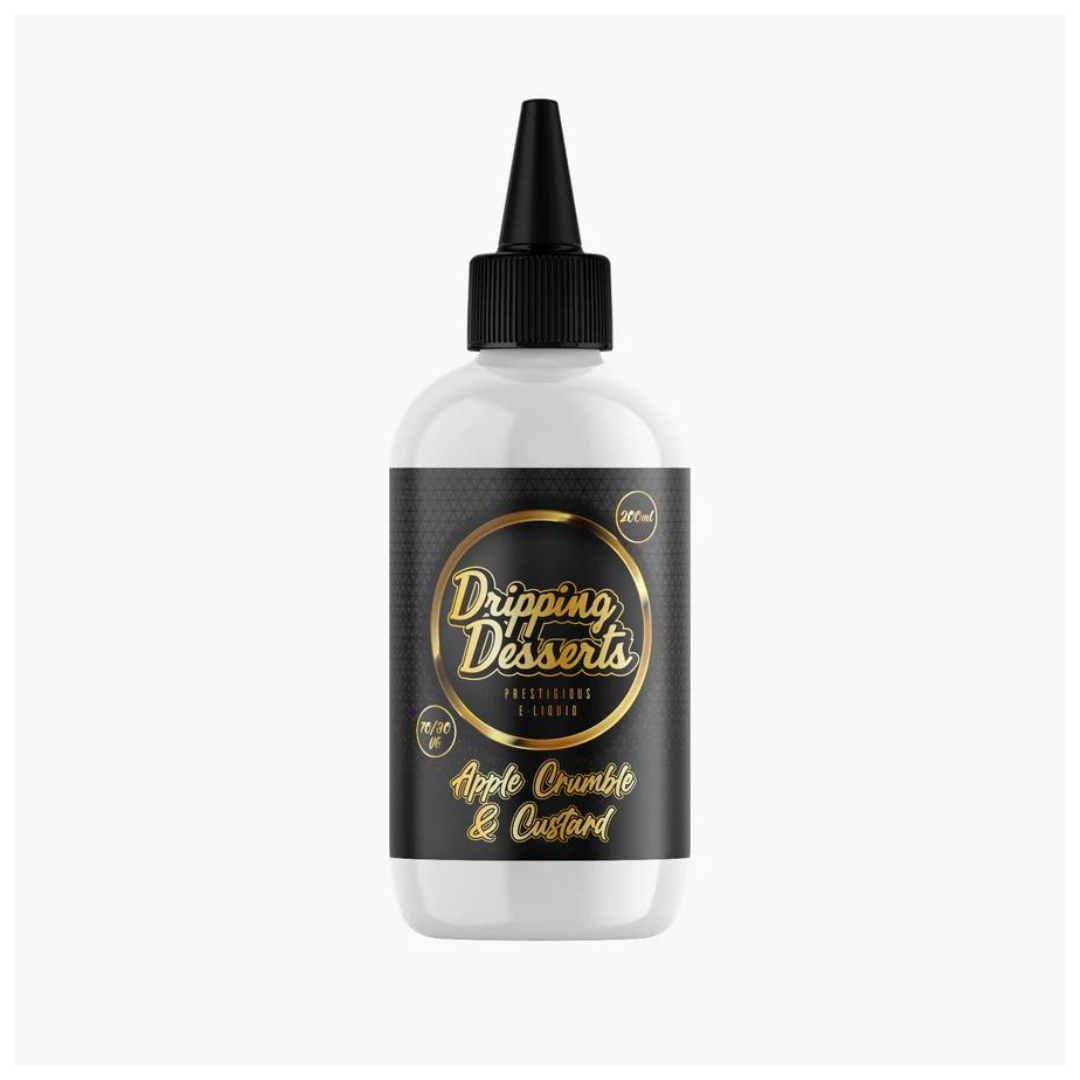 Dripping Desserts Apple Crumble & Custard 200ml shortfill bottle with black and gold label.