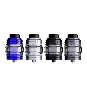A horizontal line display of the Early Bird Emperor RTA tank hardware in four distinct color variants, lined up against a solid white background from left to right: electric blue, stainless steel, matte black, gunmetal.