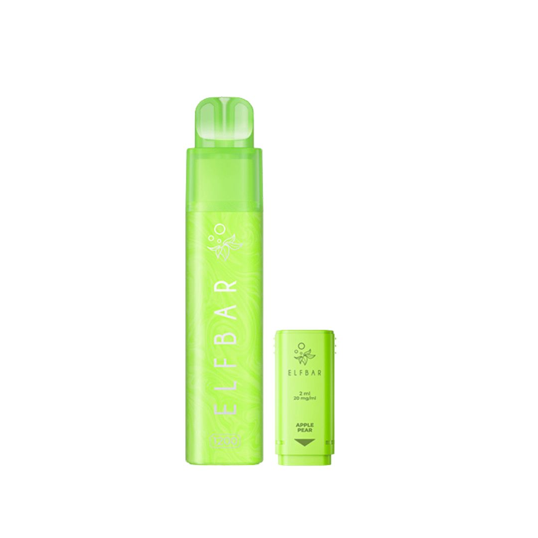 Elf Bar 1200 pre-filled pod vape kit in apple pear flavour, in bright green packaging.