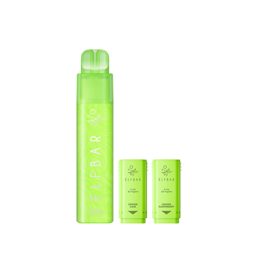 Elf Bar 1200 Lemon Edition vape kit with two pre-filled pods: Lemon Lime and Lemon Blueberry.