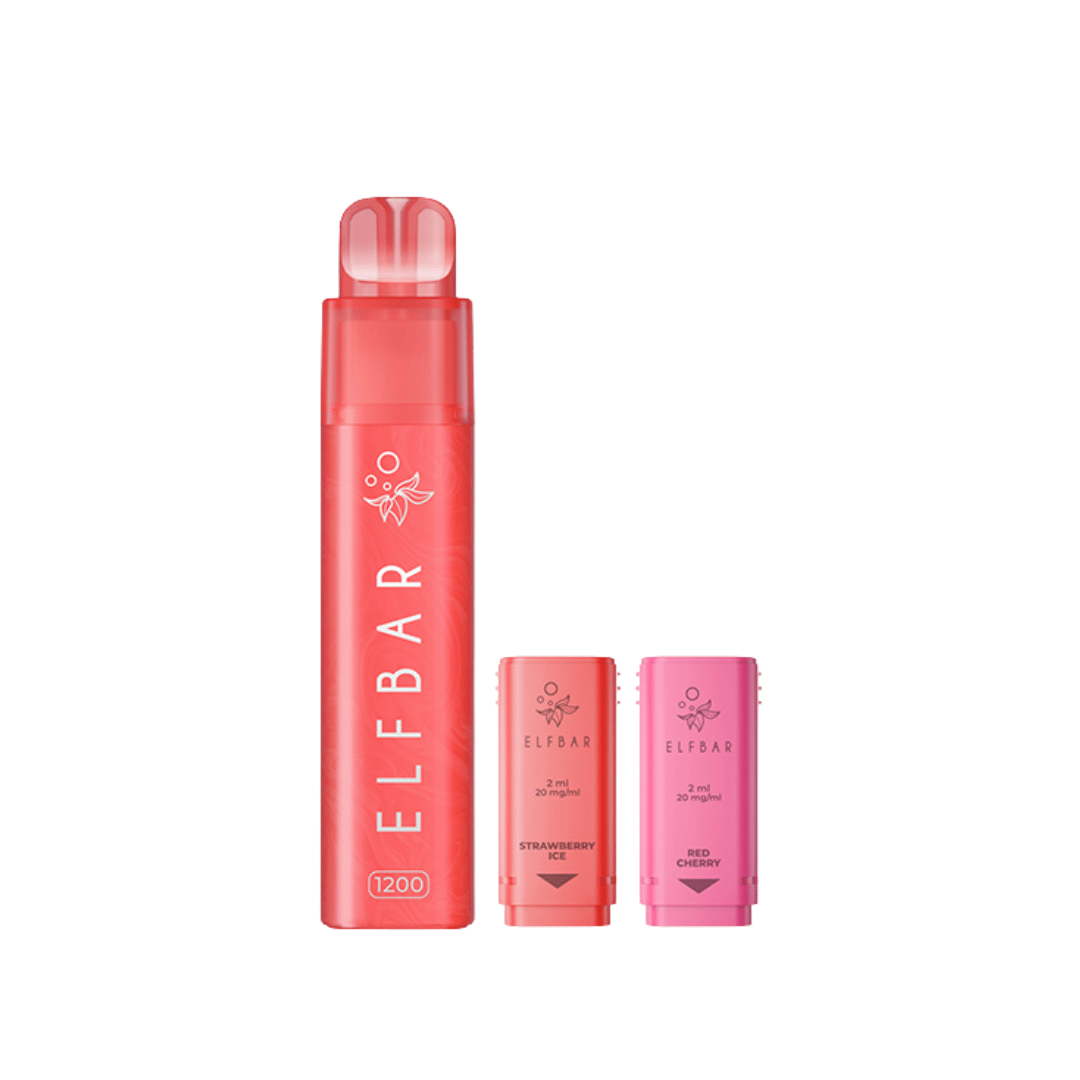 Elf Bar 1200 Red Edition vape kit with Strawberry and Red Cherry flavour pods.