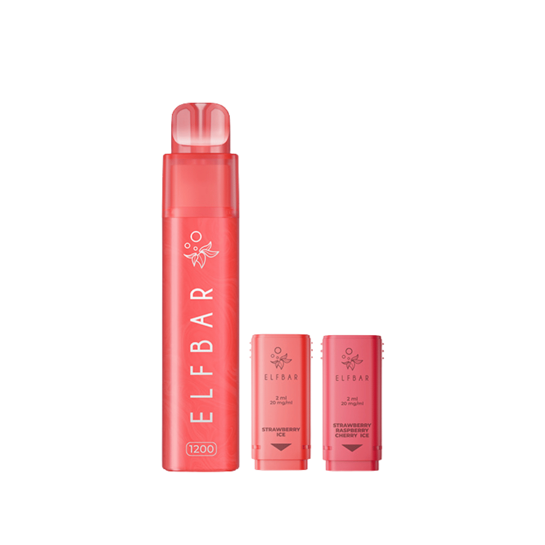 Elf Bar 1200 vape kit in strawberry edition with two pre-filled pods.