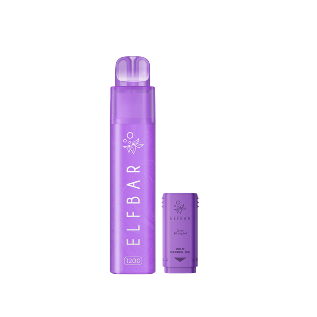 Elf Bar 1200 pre-filled pod vape kit in purple, featuring Wild Berries Ice flavour.