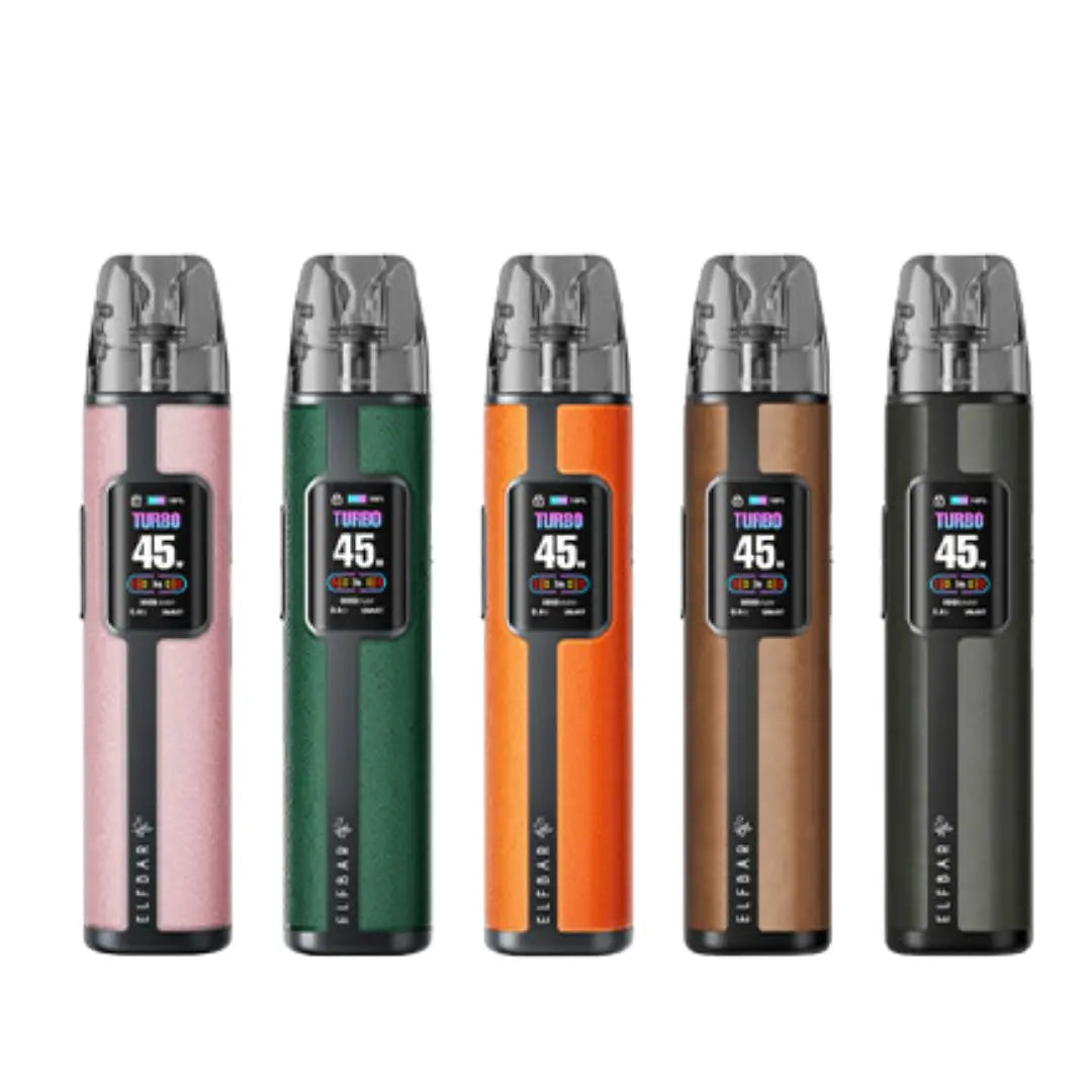 Elf Bar Elfx Pro Pod Vape Kit lineup showcasing five stylish colour options: pink, green, orange, bronze, and black. Features a sleek cylindrical design with a digital screen displaying 'Turbo 45W' and a transparent pod for e-liquid visibility.