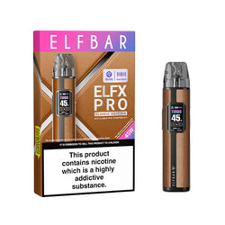 Elf Bar Elfx Pro Pod Vape Kit lineup showcasing five stylish colour options: pink, green, orange, bronze, and black. Features a sleek cylindrical design with a digital screen displaying 'Turbo 45W' and a transparent pod for e-liquid visibility.