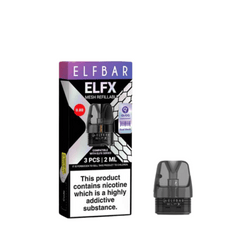 Three Elf Bar ELFX replacement pod cartridges on a white background.