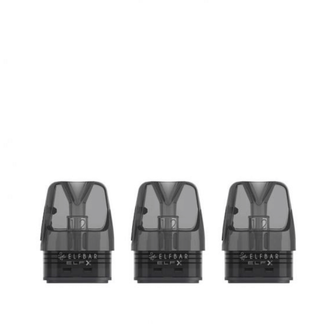 Three Elf Bar ELFX replacement pod cartridges on a white background.