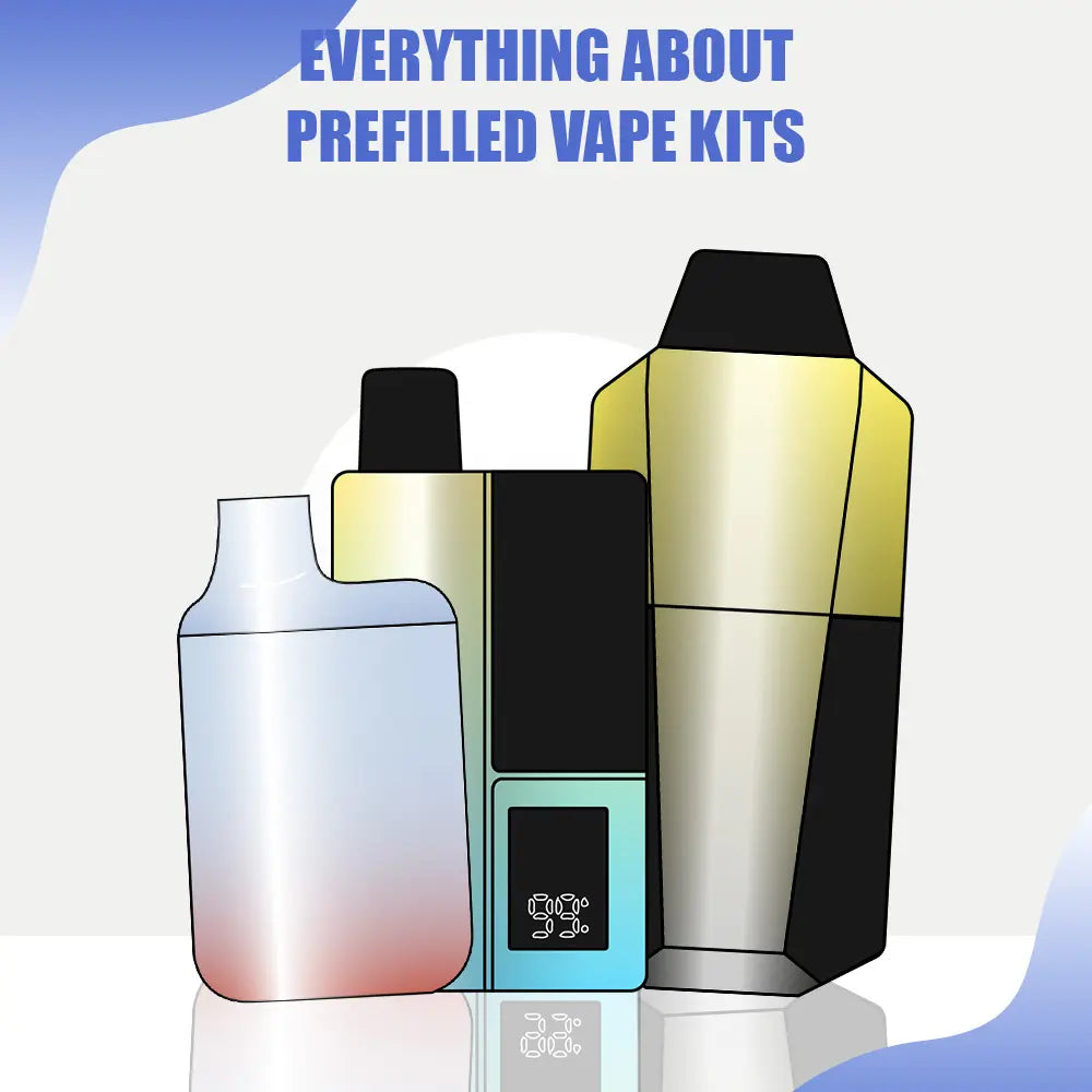 Everything about prefilled vape kits guide showing three different prefilled pod systems in gradient colors - white to pink, turquoise with display screen, and gold metallic designs against purple background