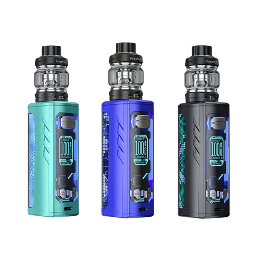 Three Freemax Maxus Solo 100W kits in teal, blue, and black with intricate designs.