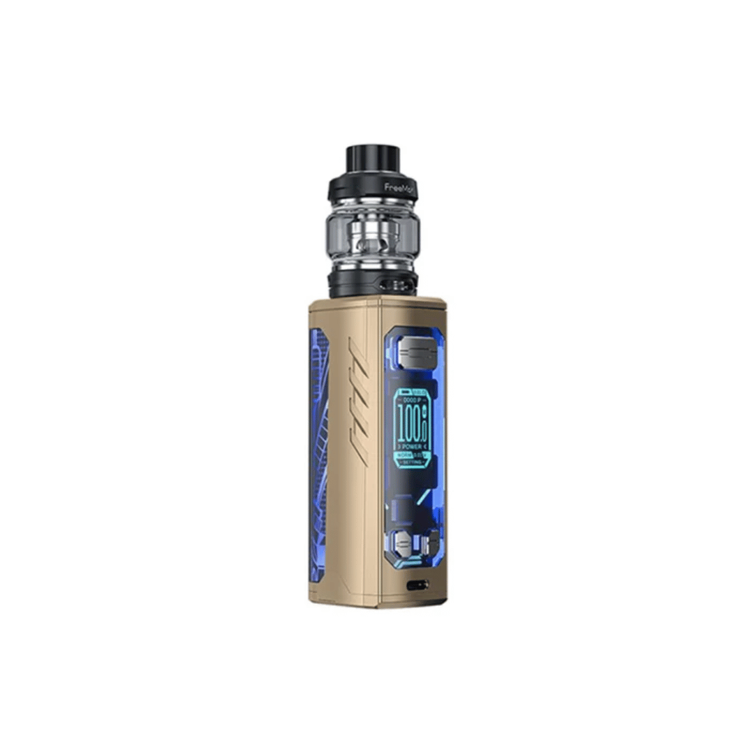 Gold FreeMax Maxus Solo 100W vape kit with a digital display and tank.