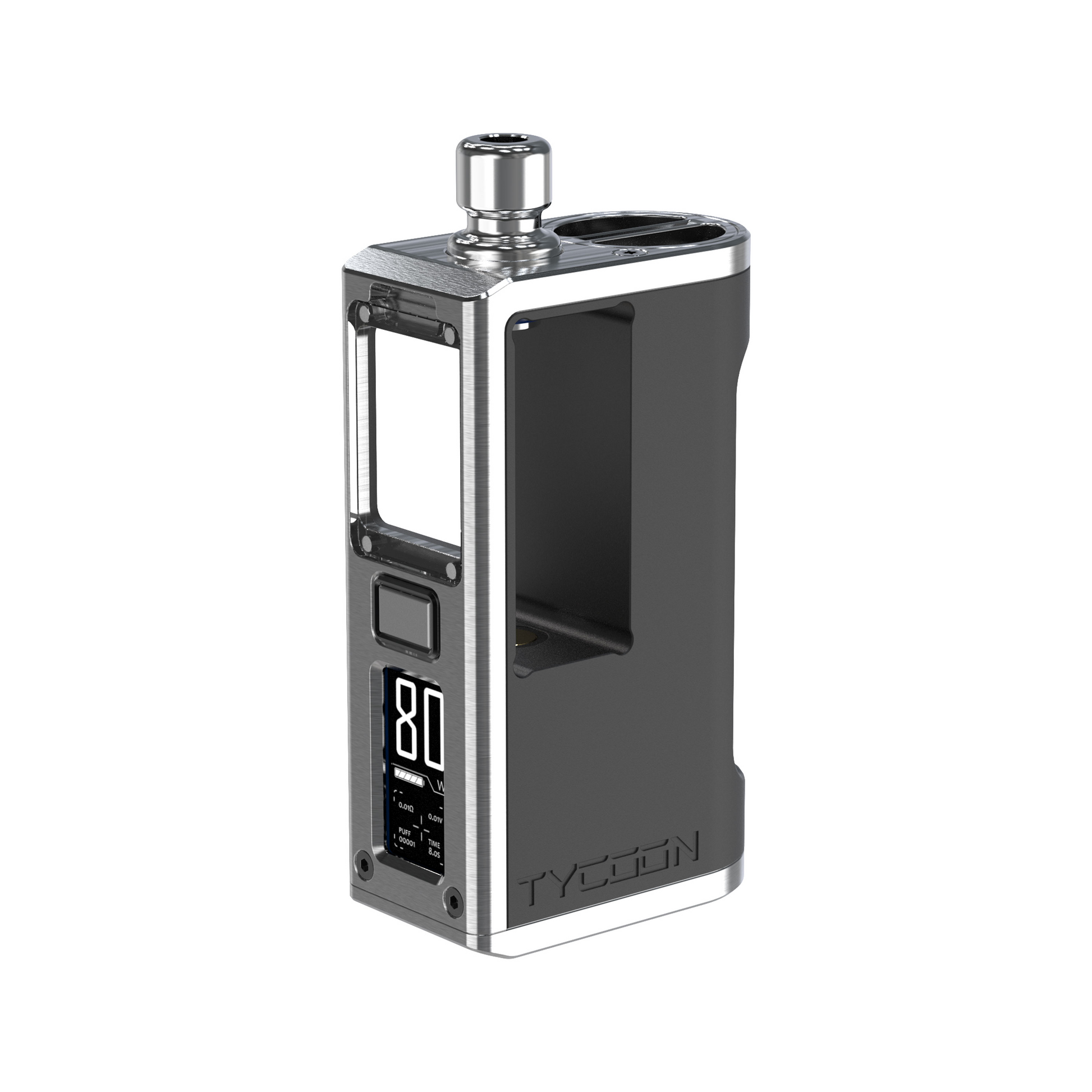 FumyTech BD Vape Tycoon BORO AIO Mod in classic black and stainless steel finish.