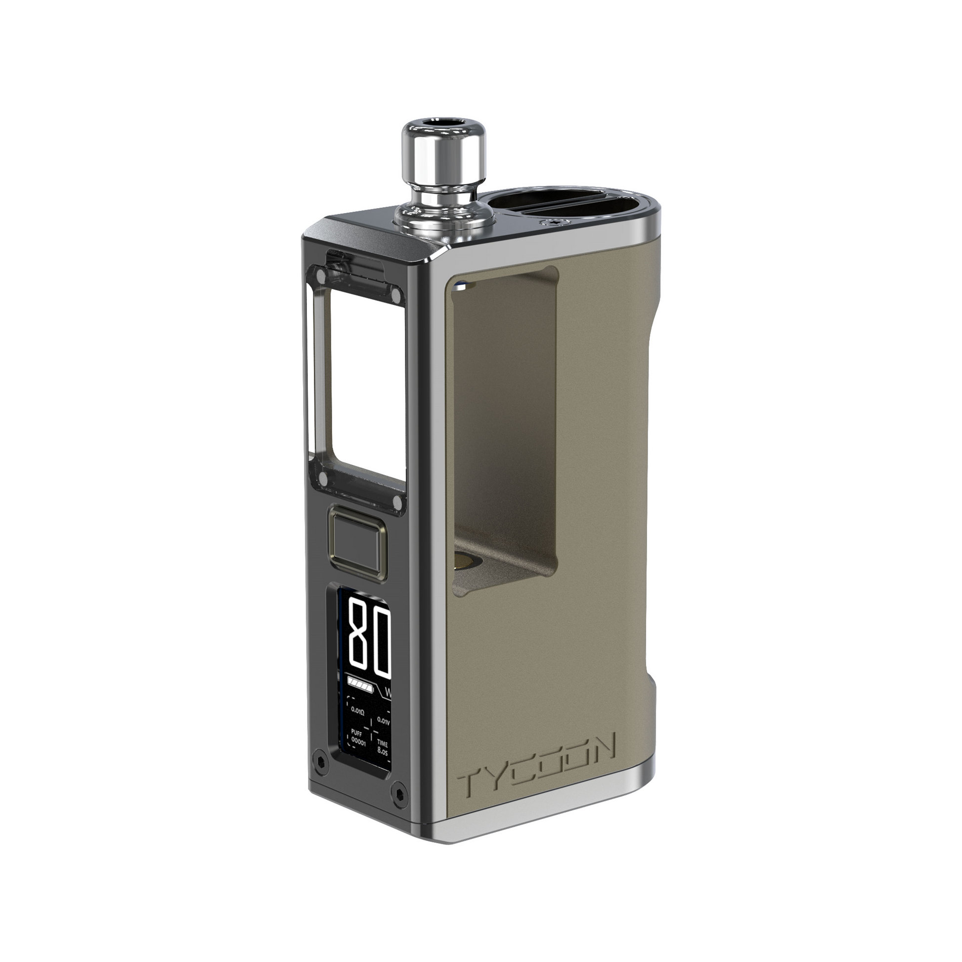 FumyTech BD Vape Tycoon BORO AIO Mod in olive drab and gunmetal finish.