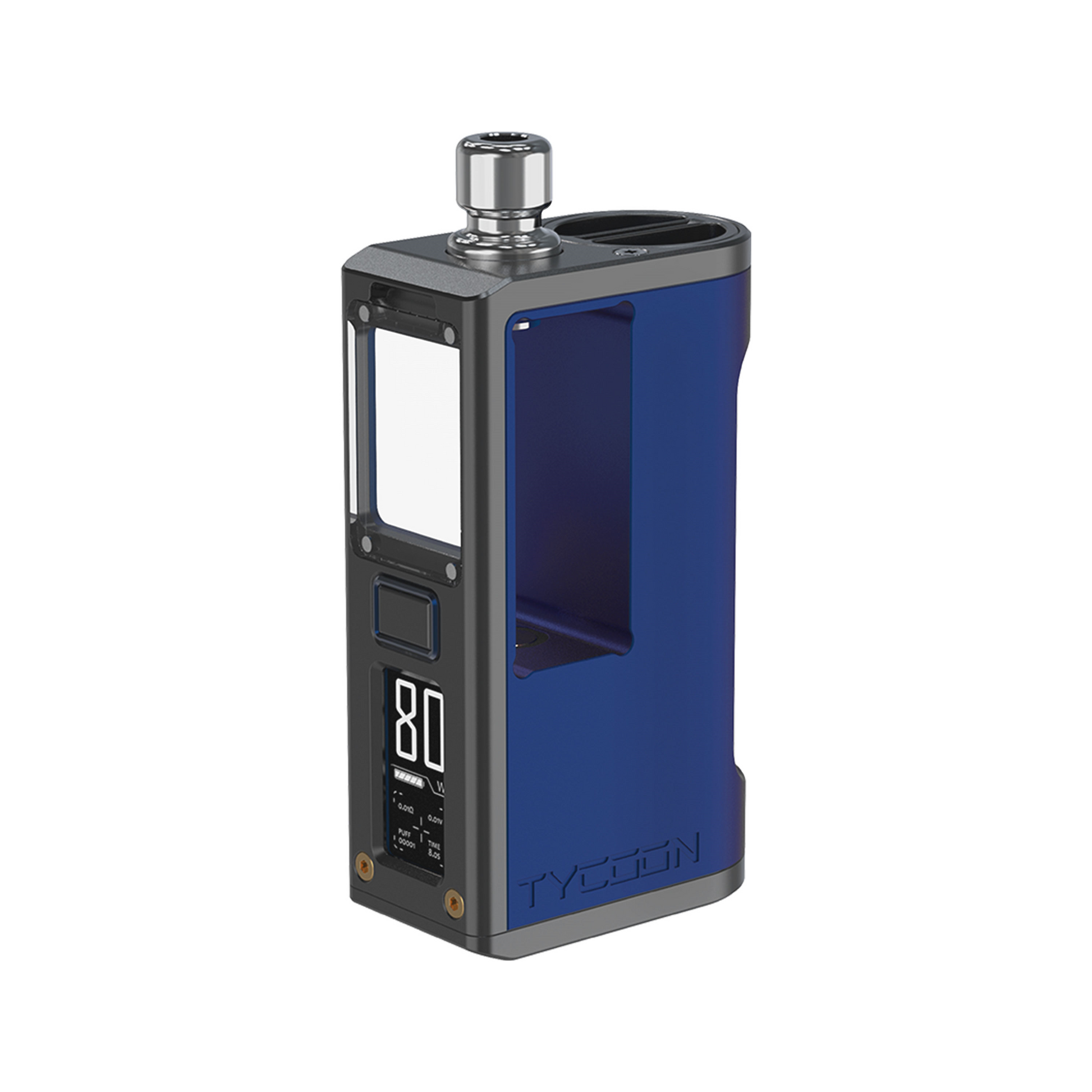 Royal blue FumyTech BD Vape Tycoon BORO AIO Mod with display screen.