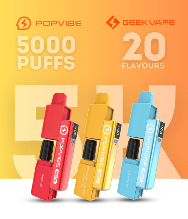 Three GeekVape PopVibe V5000 disposable vapes in red, yellow, and blue on a colourful background.