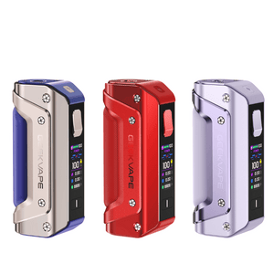 Three Geekvape Aegis Solo 3 box mods in silver, red, and purple with digital displays.