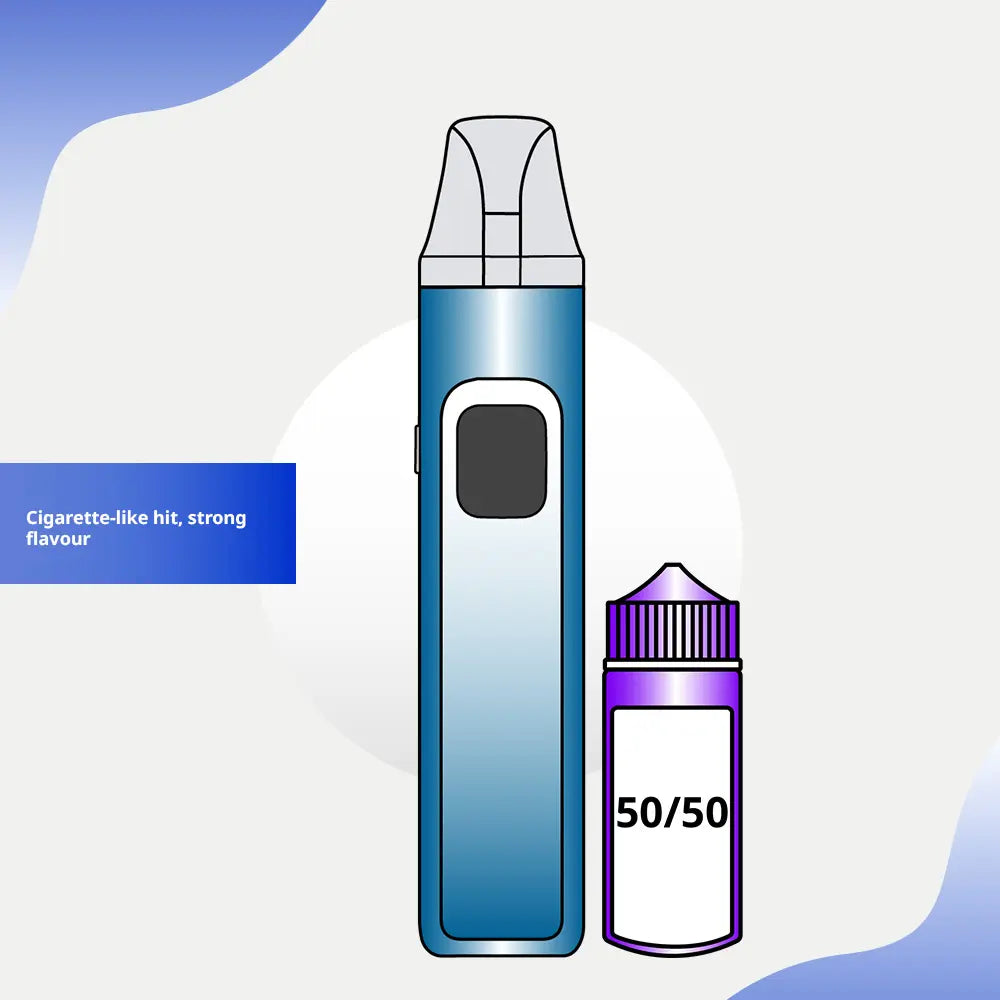 Refillable pod vape kit paired with 50/50 e-liquid, designed to deliver a cigarette-like hit and strong flavour for mouth-to-lung vaping and easy transition.