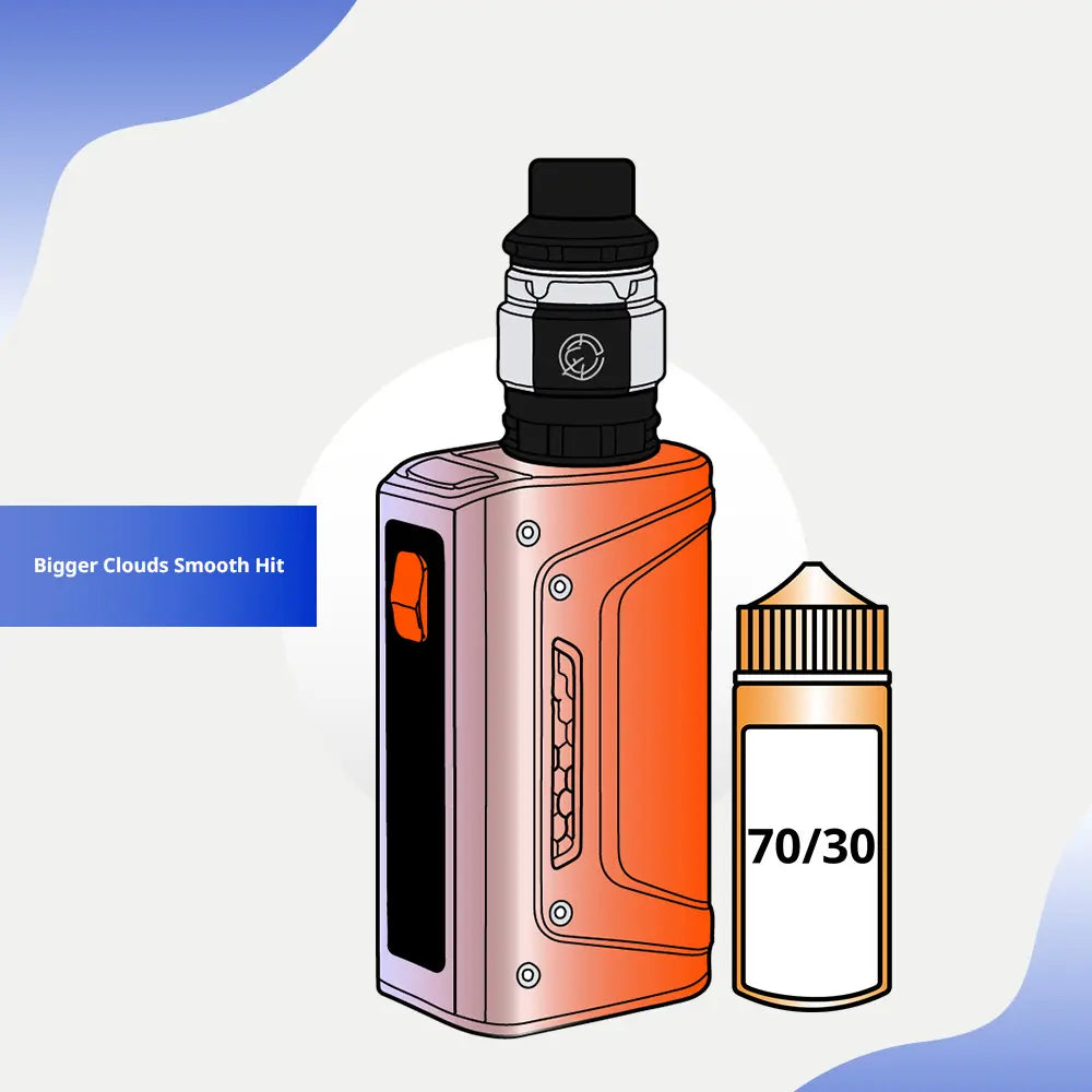 High-powered vape mod with 70/30 e-liquid for smooth direct-to-lung hits and dense vapour clouds, ideal for sub-ohm vaping and flavour-rich experiences.