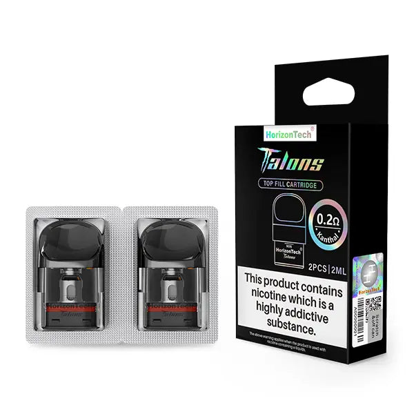 HorizonTech Talons replacement pods, 0.2ohm Kanthal, in packaging with nicotine warning.