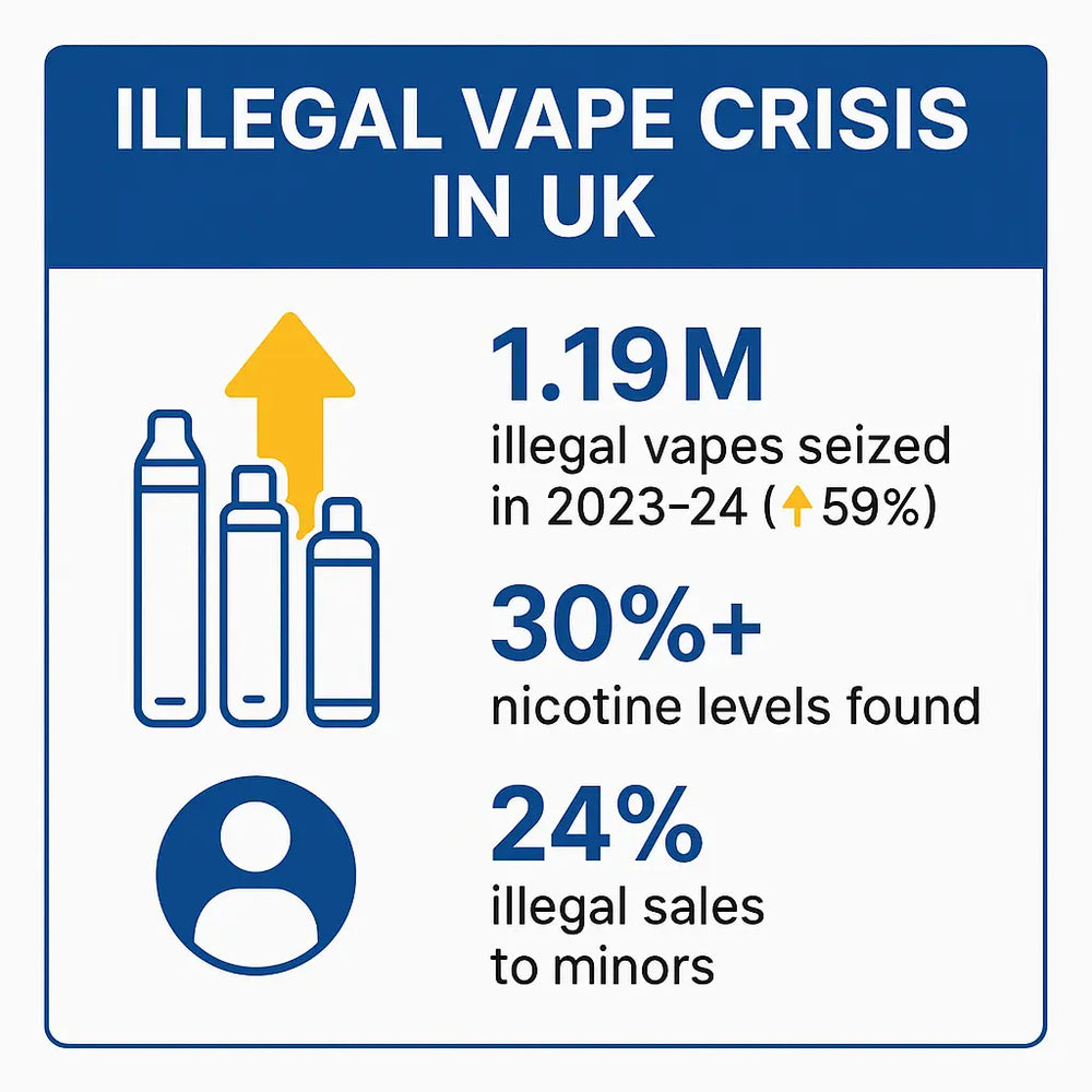 Illegal Vape Crisis in UK" shows three key statistics: 1.19 million illegal vapes seized in 2023–24 (up 59%), over 30% nicotine levels found, and 24% of illegal sales made to minors. Includes icons of vape devices, an upward arrow, and a person symbol.