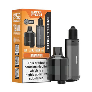 Instafill Vape Refill pack for the Instafill Vape in Banana Ice flavour showing 12ml TPD compliant refill with mesh coil technology, and 6K puff capacity