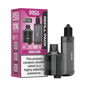 Instafill Vape Refill pack for the Instafill Vape in Bubblegum flavour showing 12ml TPD compliant refill with mesh coil technology, and 6K puff capacity