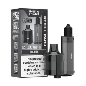 Instafill Vape Refill pack for the Instafill Vape in Cola Ice flavour showing 12ml TPD compliant refill with mesh coil technology, and 6K puff capacity