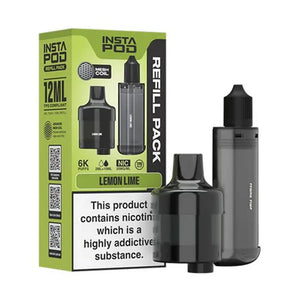 Instafill Vape Refill pack for the Instafill Vape in Lemon Lime flavour showing 12ml TPD compliant refill with mesh coil technology, and 6K puff capacity