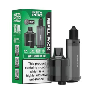 Instafill Vape Refill pack for the Instafill Vape in Watermelon Ice flavour showing 12ml TPD compliant refill with mesh coil technology, and 6K puff capacity