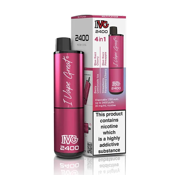 IVG 2400 Disposable Pod Kit 4-in-1 Berry Edition, pink packaging with product warning label.