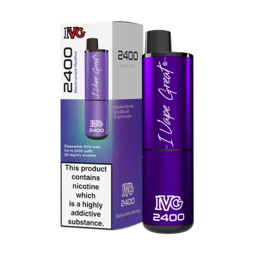 IVG 2400 Disposable Pod Kit blackcurrant menthol, packaging with product and nicotine warning.