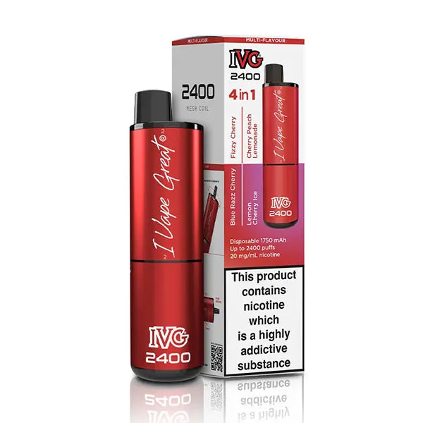 Red IVG 2400 disposable vape kit and packaging, featuring 4-in-1 cherry flavours.