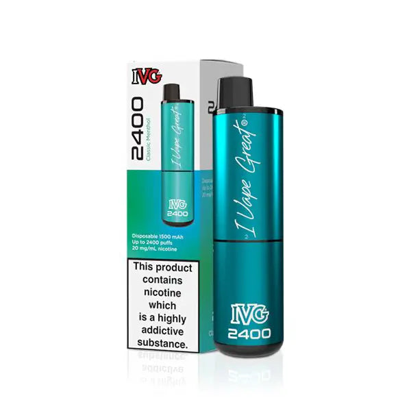 IVG 2400 Disposable Pod Kit in Classic Menthol flavour with packaging, highlighting nicotine warning.