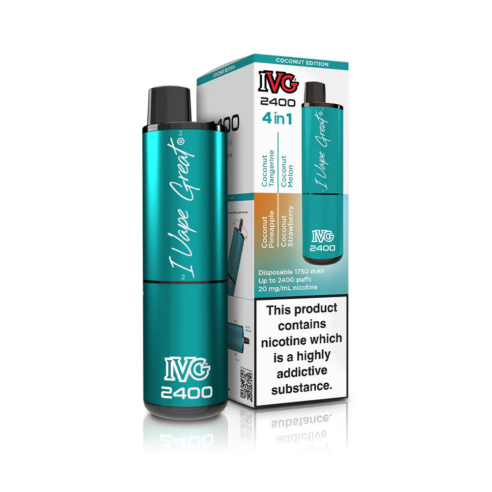 IVG 2400 Disposable Pod Kit Coconut Edition, teal packaging with product and nicotine warning.