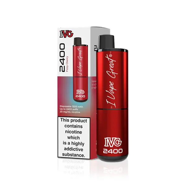 IVG 2400 Disposable Pod Kit in Fizzy Cherry flavour, red packaging and device.